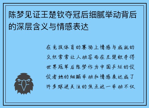 陈梦见证王楚钦夺冠后细腻举动背后的深层含义与情感表达 陈梦见证王楚钦夺冠后细腻举动背后的深层含义与情感表达