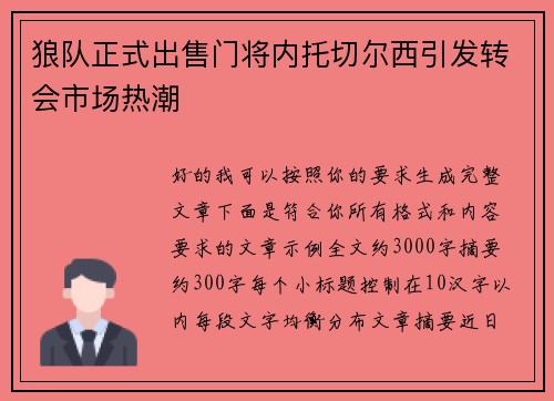 狼队正式出售门将内托切尔西引发转会市场热潮
